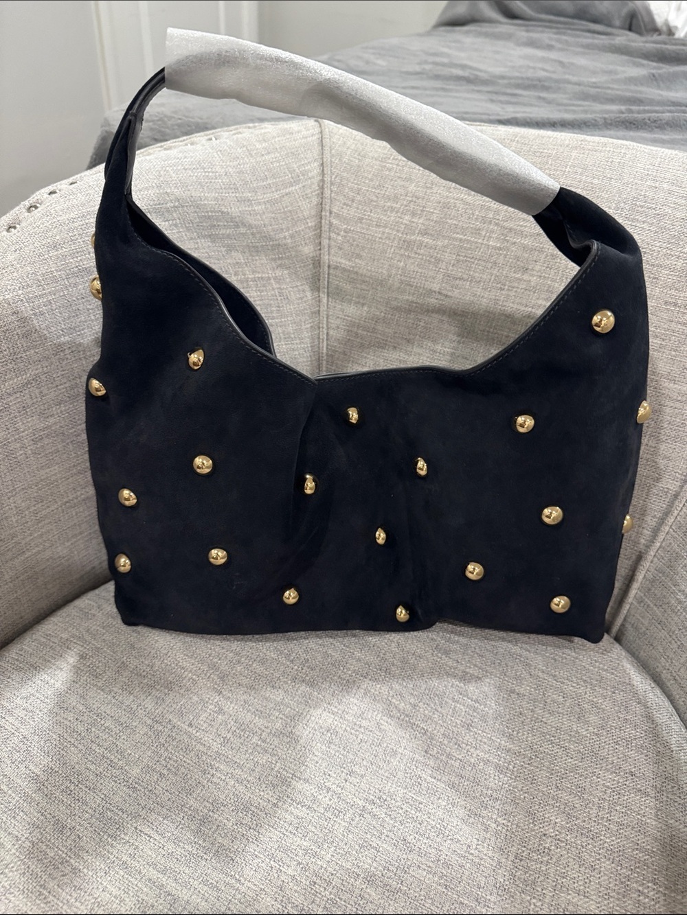 Madewell Black Suede Studded Shoulder Bag with Gold Accents
